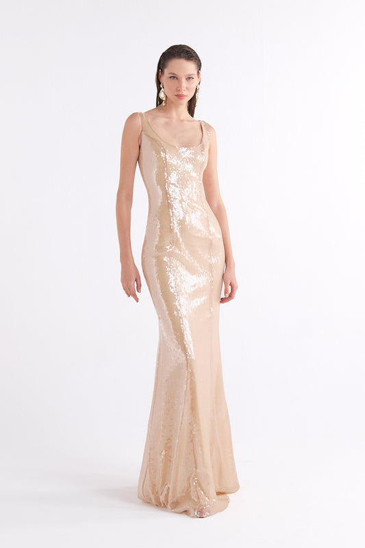 SOLEIL SEQUINED SQUARE-NECK MAXI ELBİSE