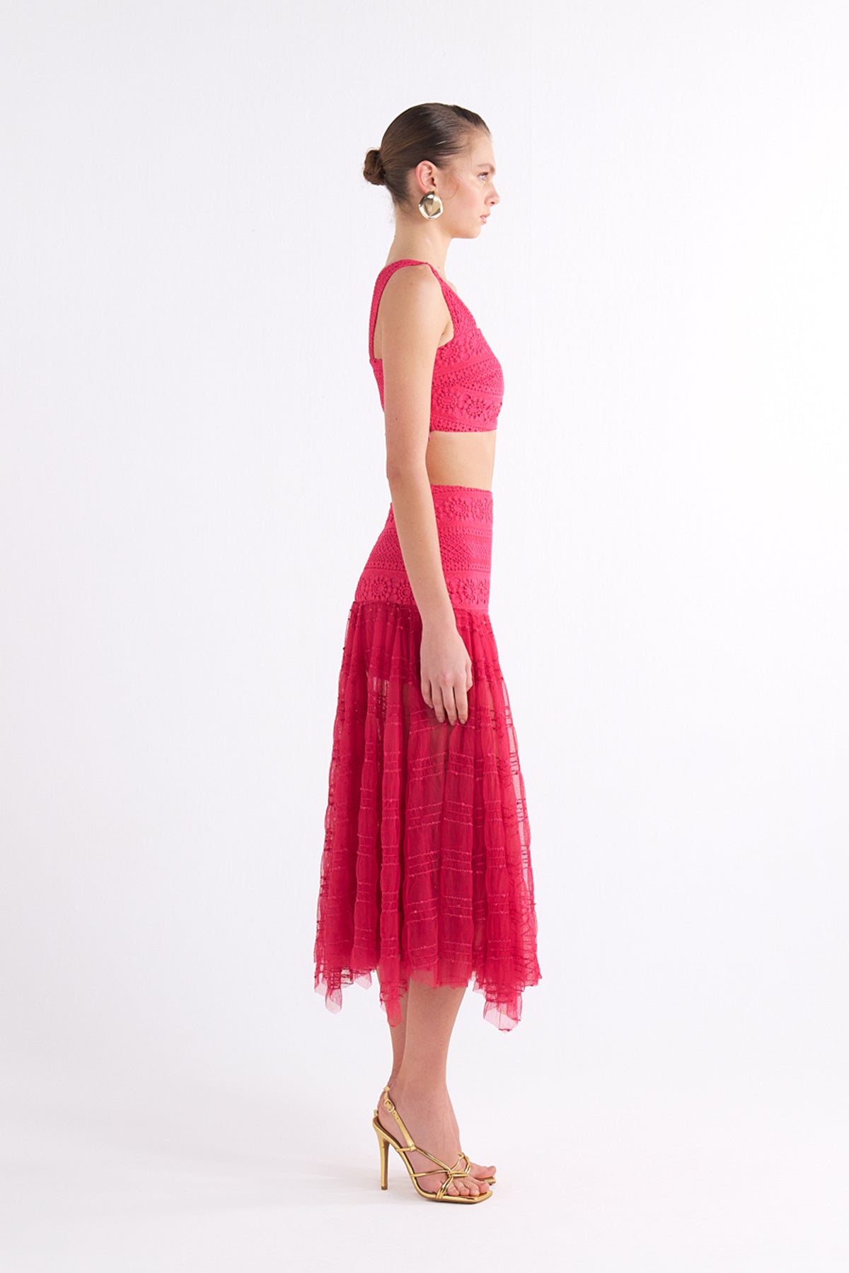 GIGI RED HIGH-WAISTED MIDI ETEK WITH LACE DETAIL