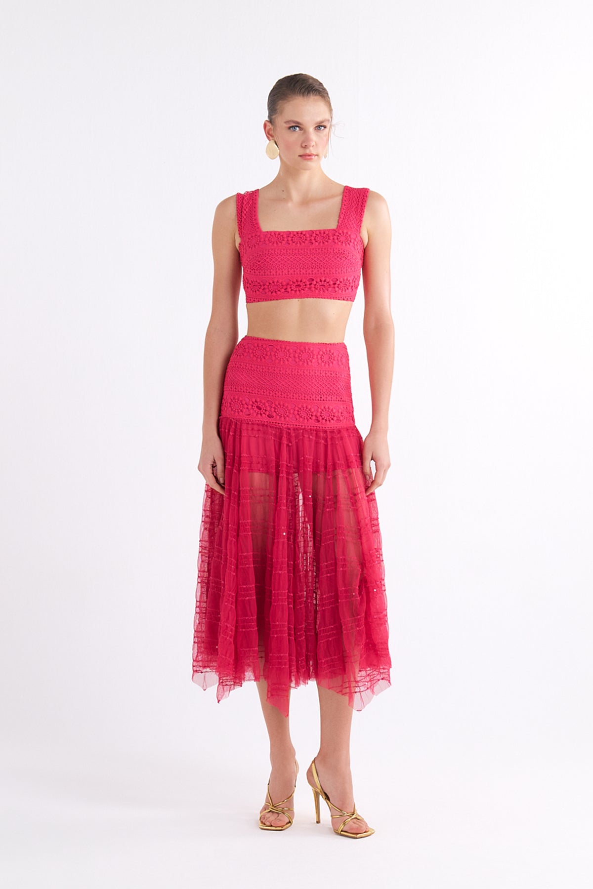 GIGI RED HIGH-WAISTED MIDI ETEK WITH LACE DETAIL