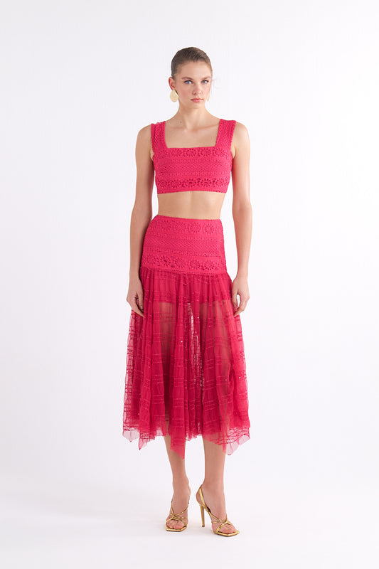 GIGI RED HIGH-WAISTED MIDI ETEK WITH LACE DETAIL