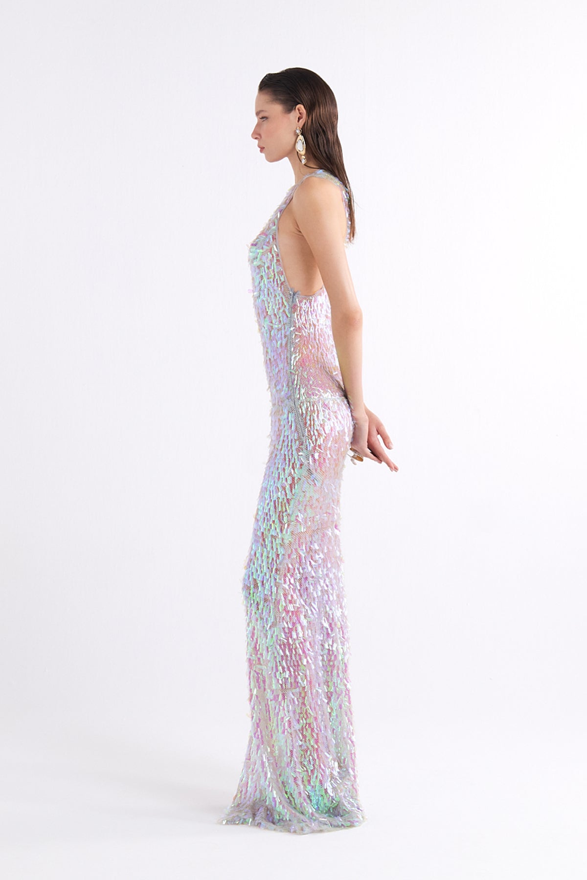 MERMAID SEQUIN-DETAILED HALTER NECK SPARKLING MAXI ELBİSE