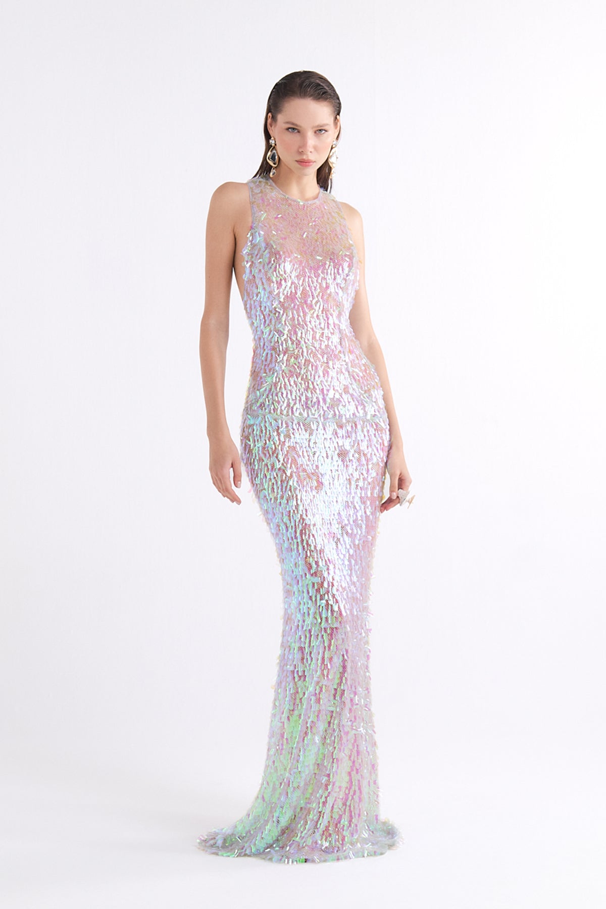 MERMAID SEQUIN-DETAILED HALTER NECK SPARKLING MAXI ELBİSE