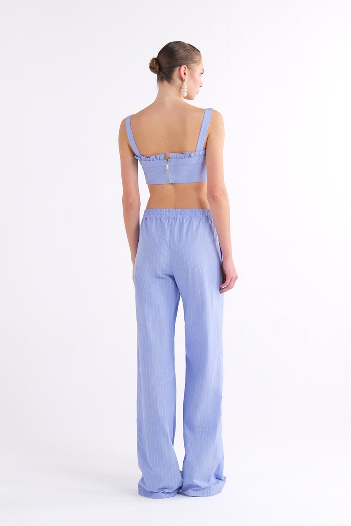 ELISA DRAWSTRING HIGH-WAISTED BLUE WIDE-LEG PANTOLON
