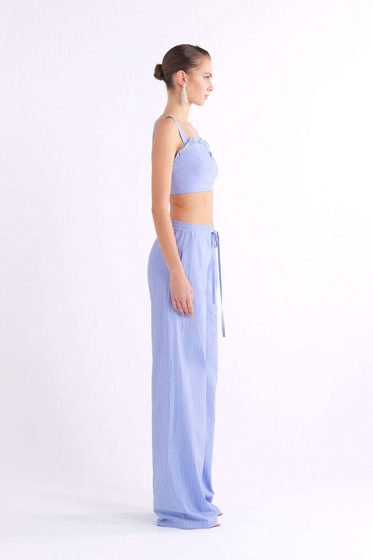 ELISA DRAWSTRING HIGH-WAISTED BLUE WIDE-LEG PANTOLON