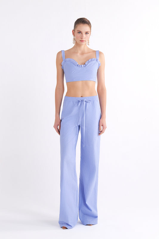 ELISA DRAWSTRING HIGH-WAISTED BLUE WIDE-LEG PANTOLON