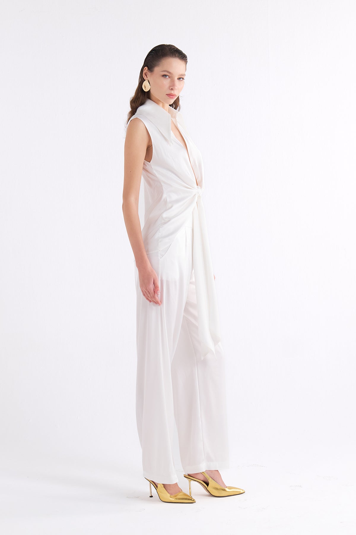 PAIGE WHITE HIGH-WAIST PLEATED PANTOLON