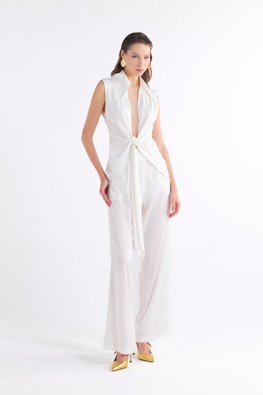 PAIGE WHITE HIGH-WAIST PLEATED PANTOLON