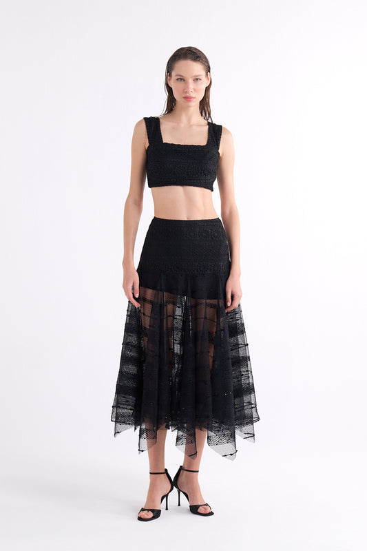 KATARIN LACE-DETAILED SQUARE NECK SİYAH CROP TOP