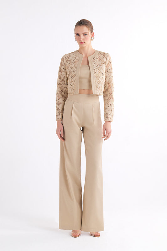 PIXIE BEIGE LASER-CUT CROPPED CEKET