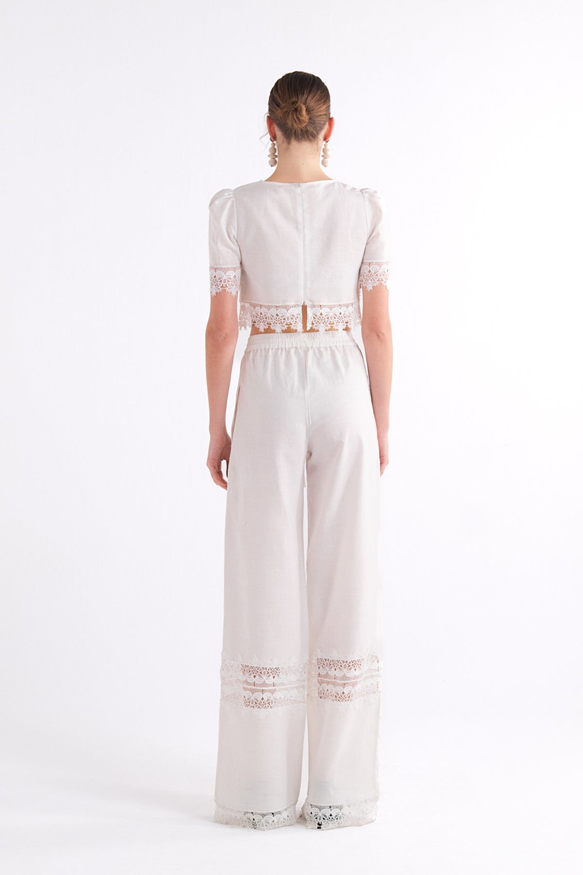 GABRIELLE WHITE WIDE-LEG DRAWSTRING DANTEL DETAYLI PANTOLON