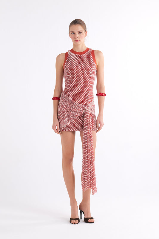 LYDIA TERRACOTTA KNOT-DETAIL BUBBLE-PATTERN MINI ELBİSE