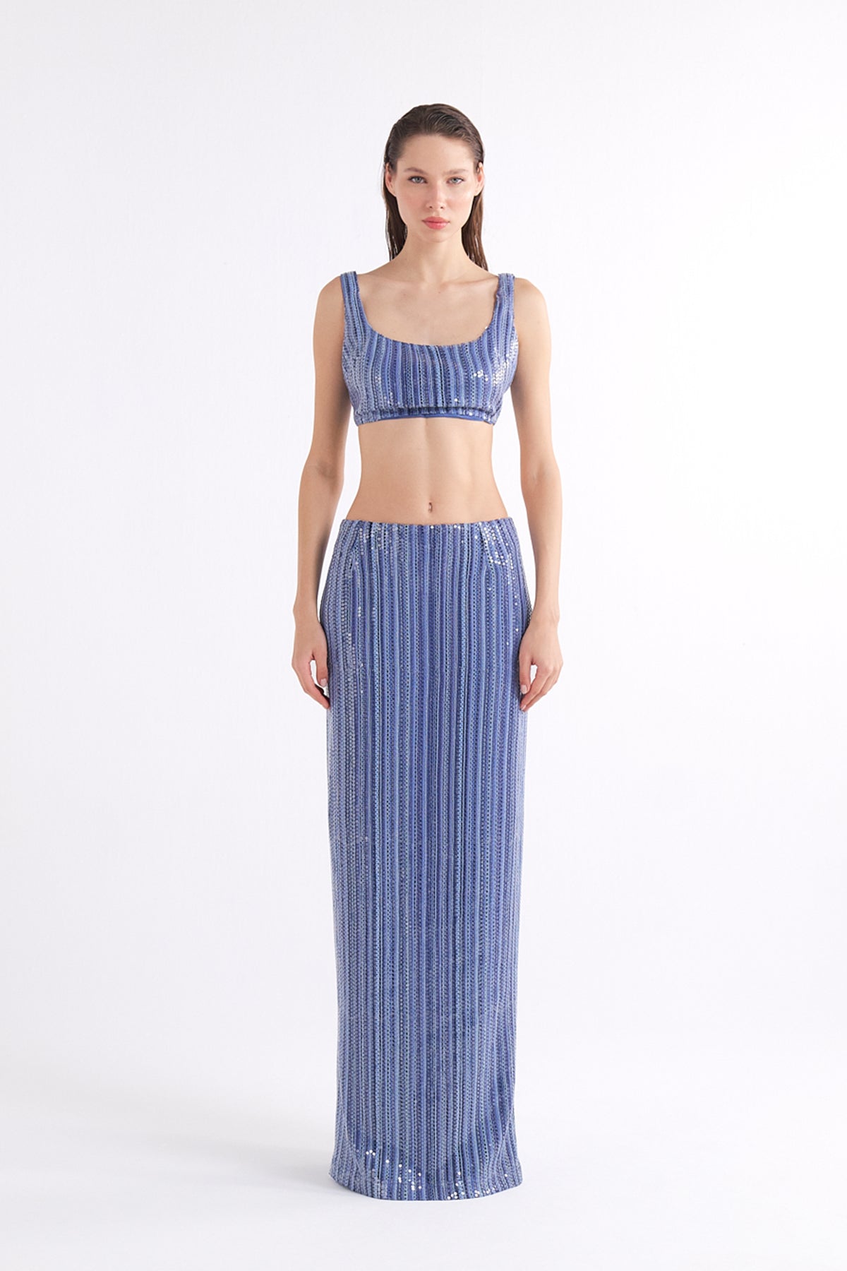 VEA BLUE SEQUINED HIGH-WAISTED MAXI ETEK