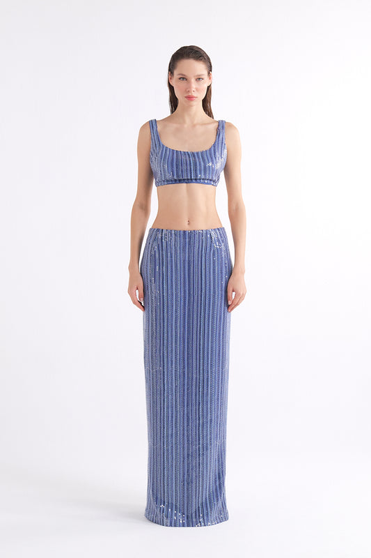 VEA BLUE SEQUINED HIGH-WAISTED MAXI ETEK