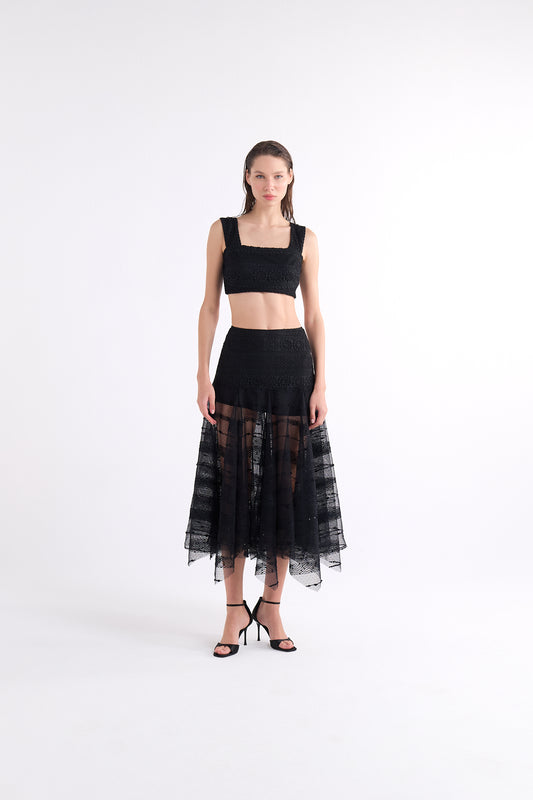 KATARIN HIGH-WAISTED BLACK MIDI ETEK WITH SHEER DETAILS