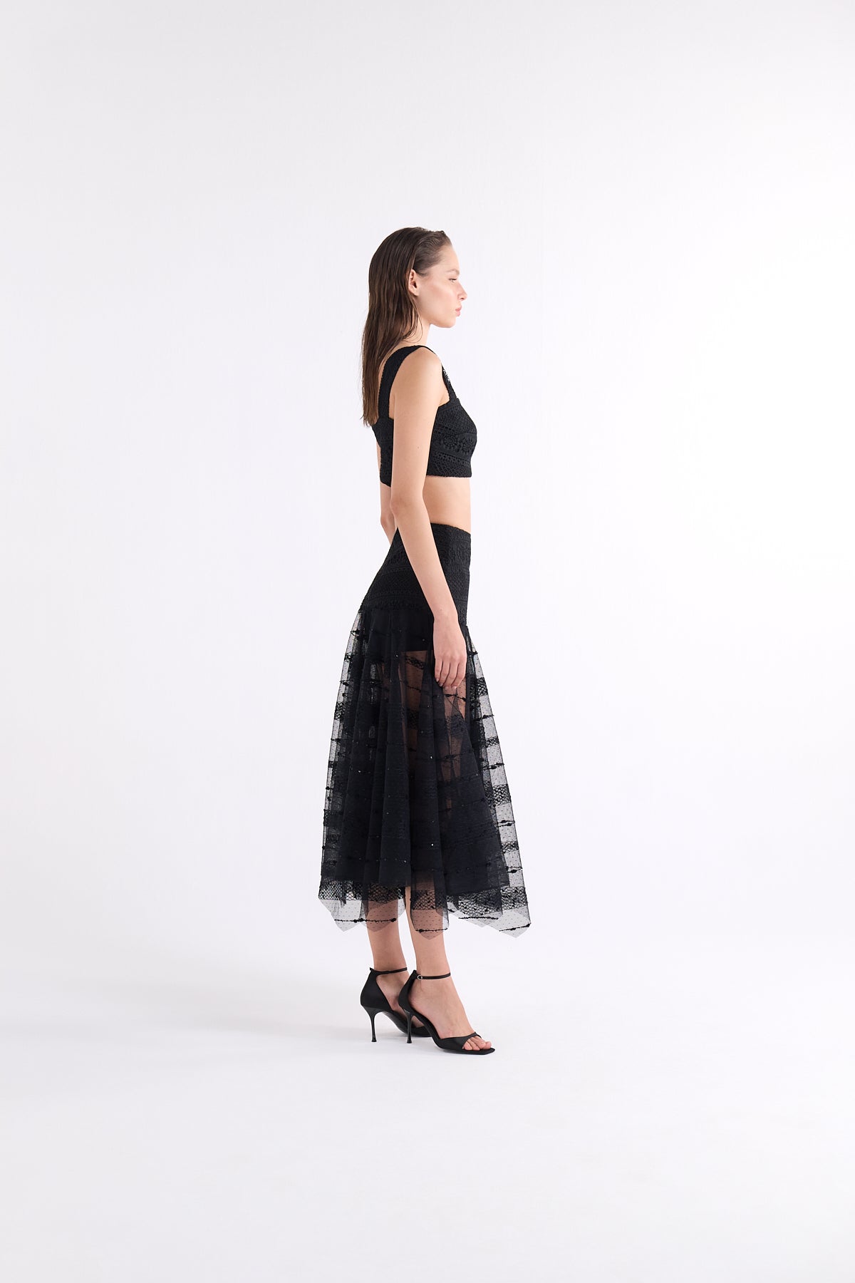 KATARIN HIGH-WAISTED BLACK MIDI ETEK WITH SHEER DETAILS