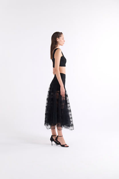 KATARIN HIGH-WAISTED BLACK MIDI SKIRT WITH SHEER DETAILS