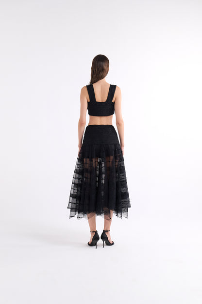 KATARIN HIGH-WAISTED BLACK MIDI SKIRT WITH SHEER DETAILS