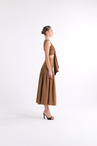 IRISA LOOSE-FIT PLEATED BROWN MIDI SKIRT
