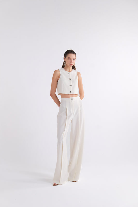 MISSY BUTTON-DETAILED HIGH-WAIST WHITE PANTOLON