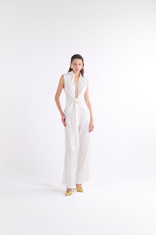 PAIGE WHITE HIGH-WAIST PLEATED PANTOLON