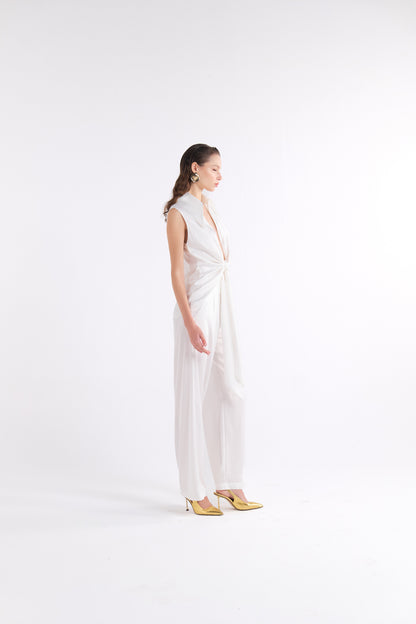 PAIGE WHITE HIGH-WAIST PLEATED TROUSERS