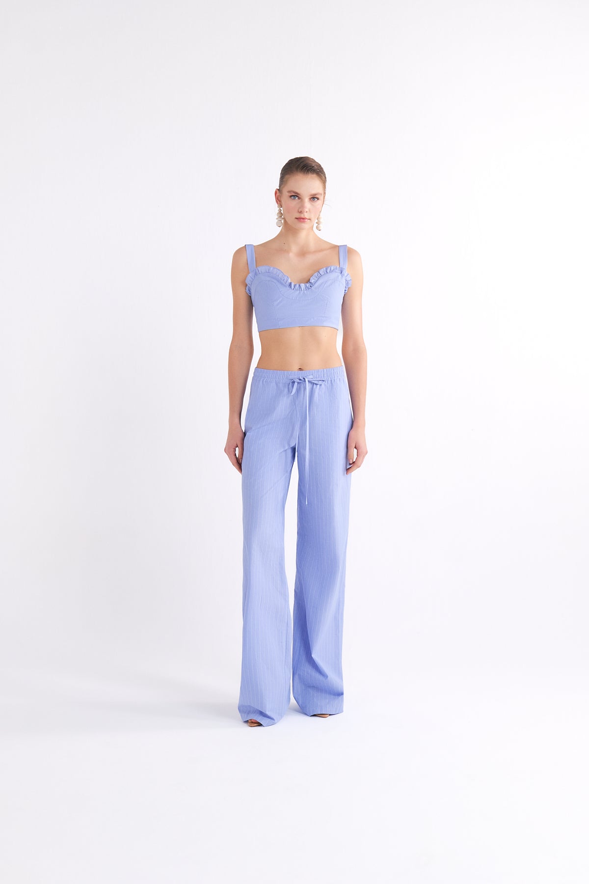 ELISA RUFFLE-DETAIL STRAPPY BLUE CROP TOP