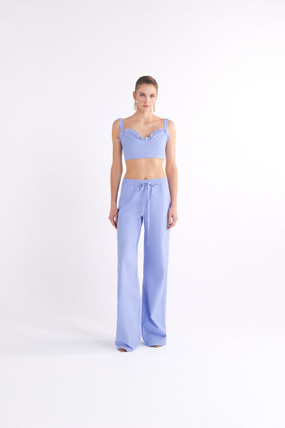 ELISA RUFFLE-DETAIL STRAPPY BLUE CROP TOP