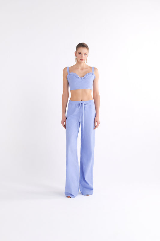 ELISA DRAWSTRING HIGH-WAISTED BLUE WIDE-LEG PANTOLON