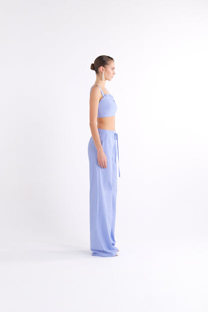ELISA RUFFLE-DETAIL STRAPPY BLUE CROP TOP