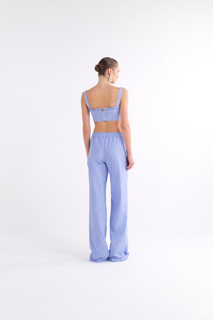 ELISA RUFFLE-DETAIL STRAPPY BLUE CROP TOP