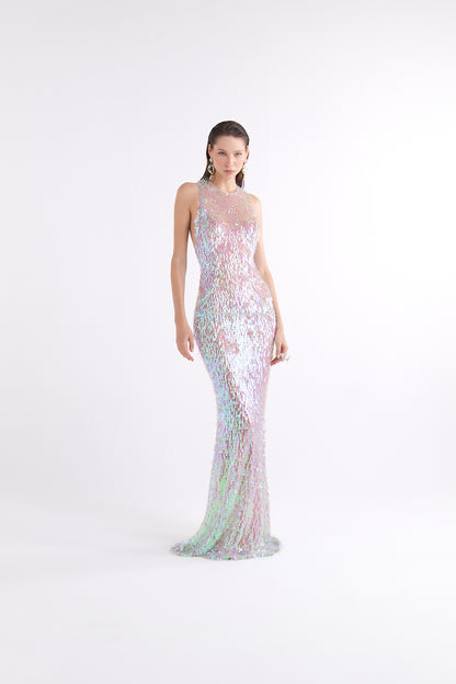 MERMAID SEQUIN-DETAILED HALTER NECK SPARKLING MAXI DRESS
