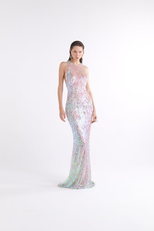 MERMAID SEQUIN-DETAILED HALTER NECK SPARKLING MAXI ELBİSE