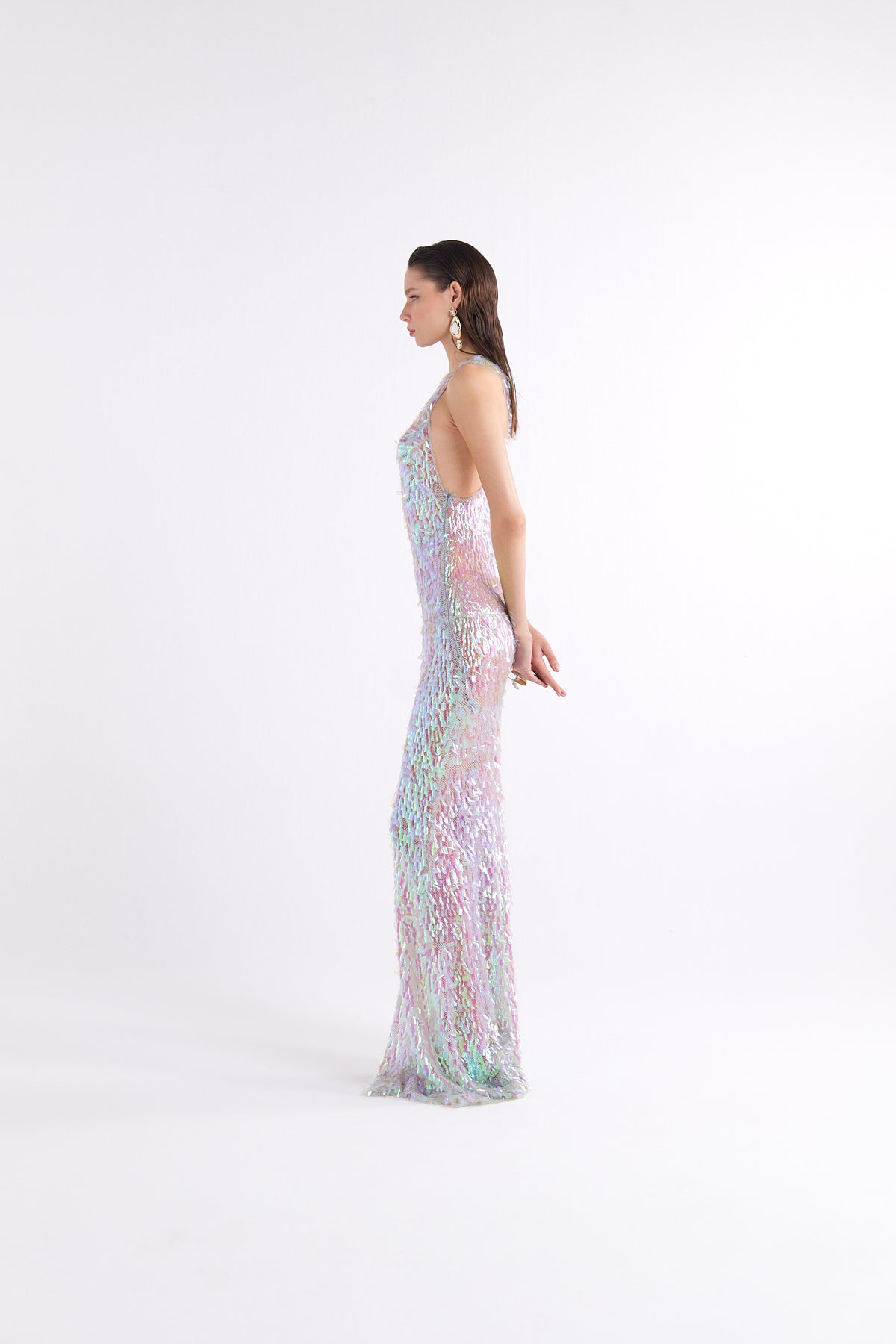 MERMAID SEQUIN-DETAILED HALTER NECK SPARKLING MAXI ELBİSE