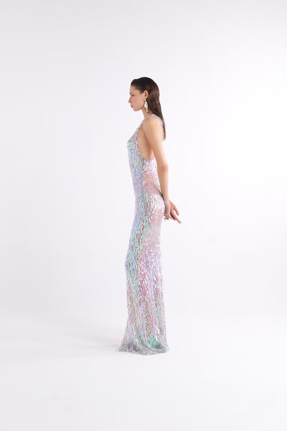 MERMAID SEQUIN-DETAILED HALTER NECK SPARKLING MAXI DRESS