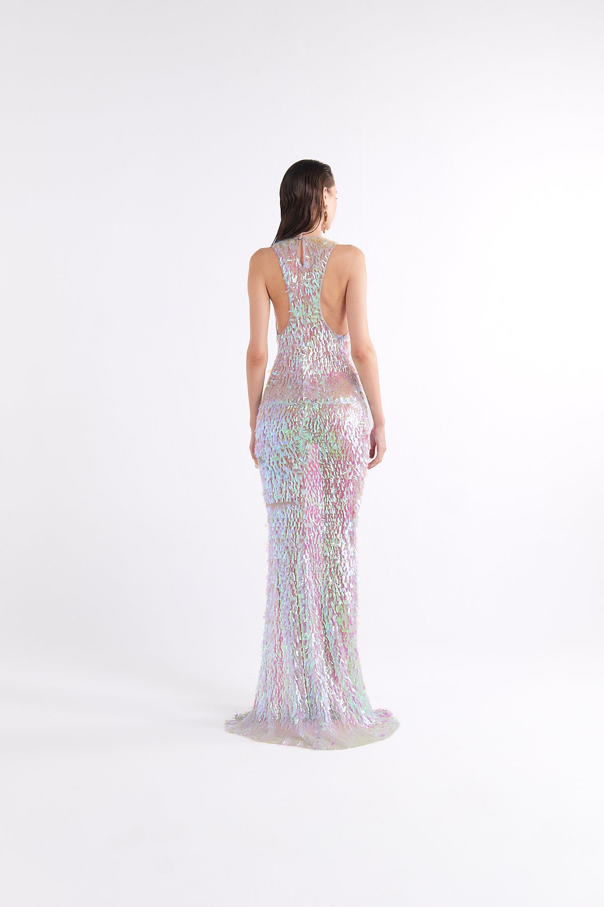MERMAID SEQUIN-DETAILED HALTER NECK SPARKLING MAXI ELBİSE