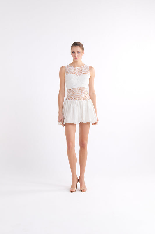 GABRIELLE LACE-DETAILED SLEEVELESS WHITE MINI ELBİSE