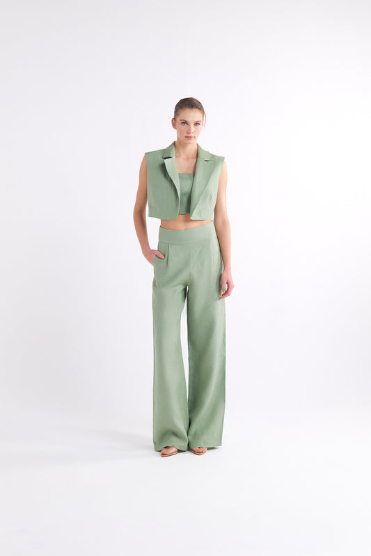 BRIONY GREEN HIGH-WAISTED WIDE-LEG PANTOLON