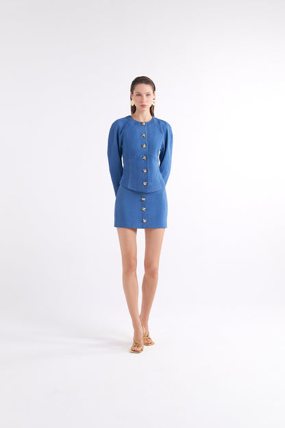 BROOKS BLUE HIGH-WAISTED MINI SKIRT WITH GOLD BUTTONS