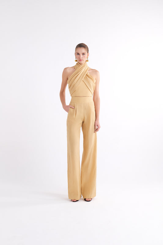 ROMOLA BEIGE HIGH-WAISTED WIDE-LEG PANTOLON