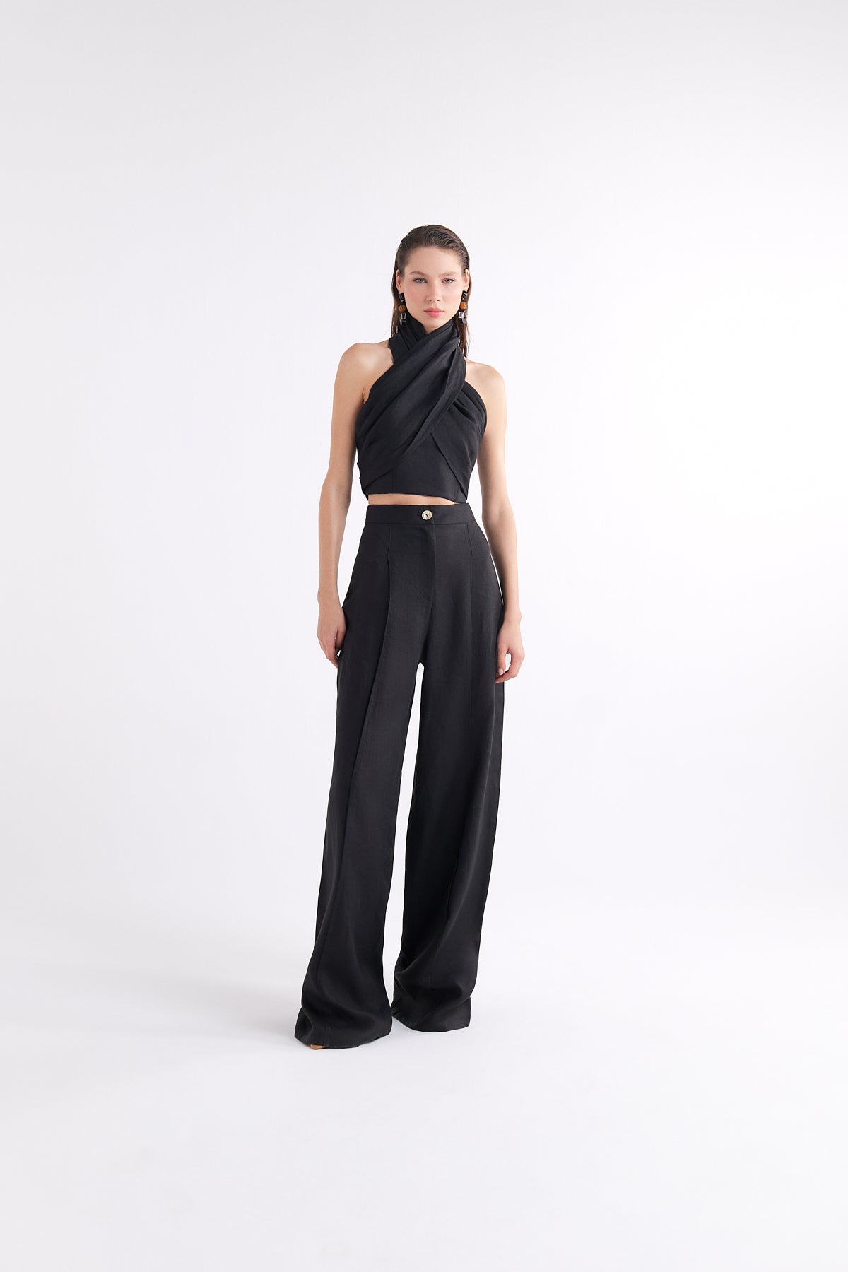 REBECCA BLACK WIDE-LEG HIGH-WAIST TROUSERS