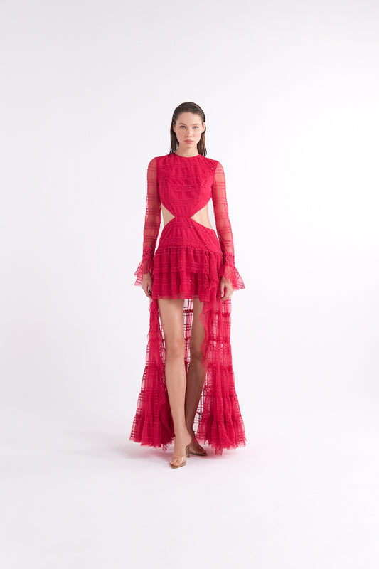 LIA RED LONG-SLEEVE CUTOUT LACE ELBİSE