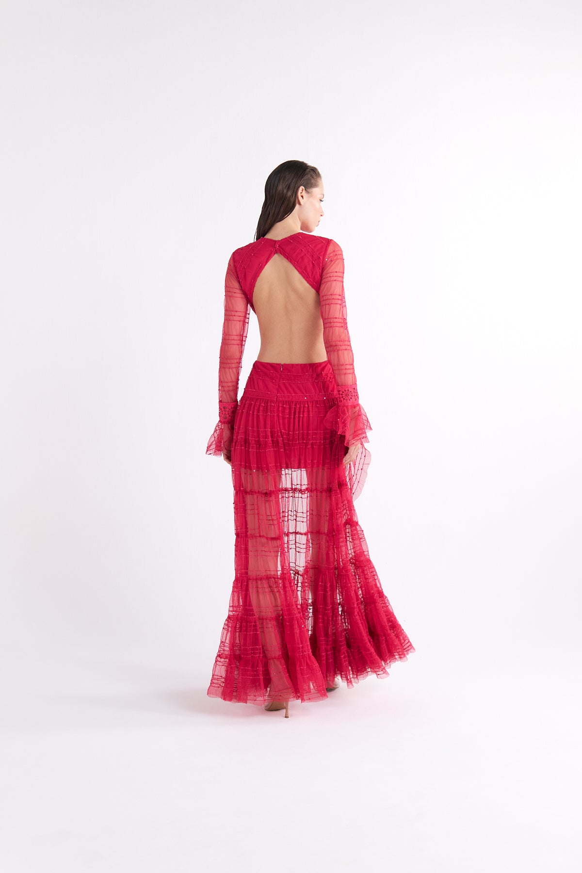 LIA RED LONG-SLEEVE CUTOUT LACE DRESS