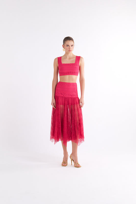 GIGI RED HIGH-WAISTED MIDI ETEK WITH LACE DETAIL