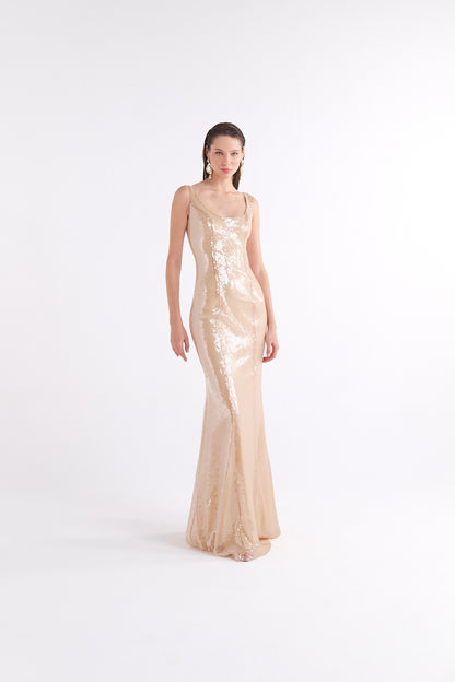 SOLEIL SEQUINED SQUARE-NECK MAXI DRESS