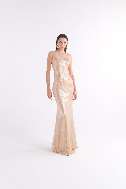 SOLEIL SEQUINED SQUARE-NECK MAXI ELBİSE