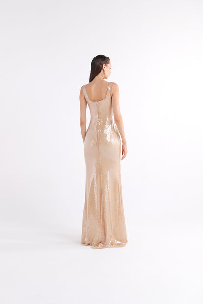 SOLEIL SEQUINED SQUARE-NECK MAXI DRESS