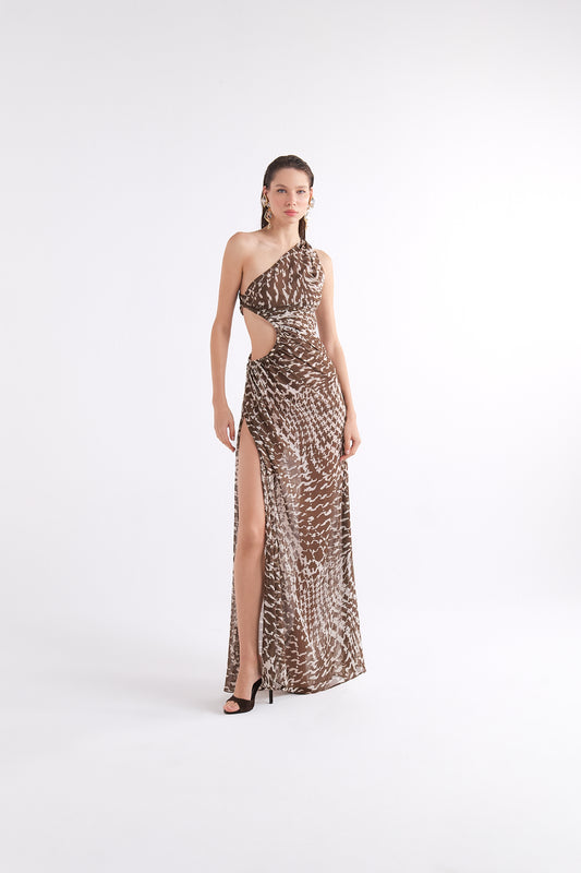 VIVIENNE ANIMAL PRINT CUTOUT MAXI ELBİSE WITH DRAPE DETAIL