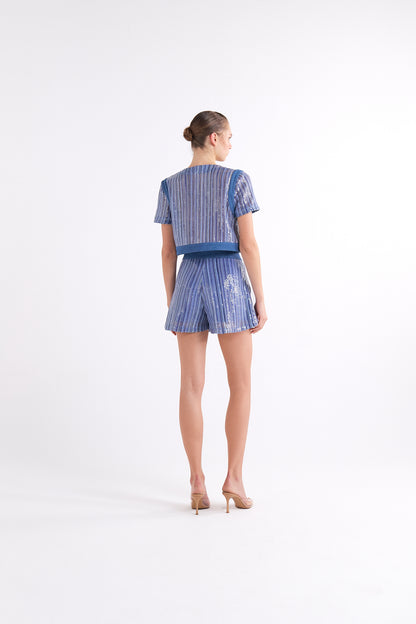 TATE BLUE SEQUINED CROPPED SHORT-SLEEVE JACKET