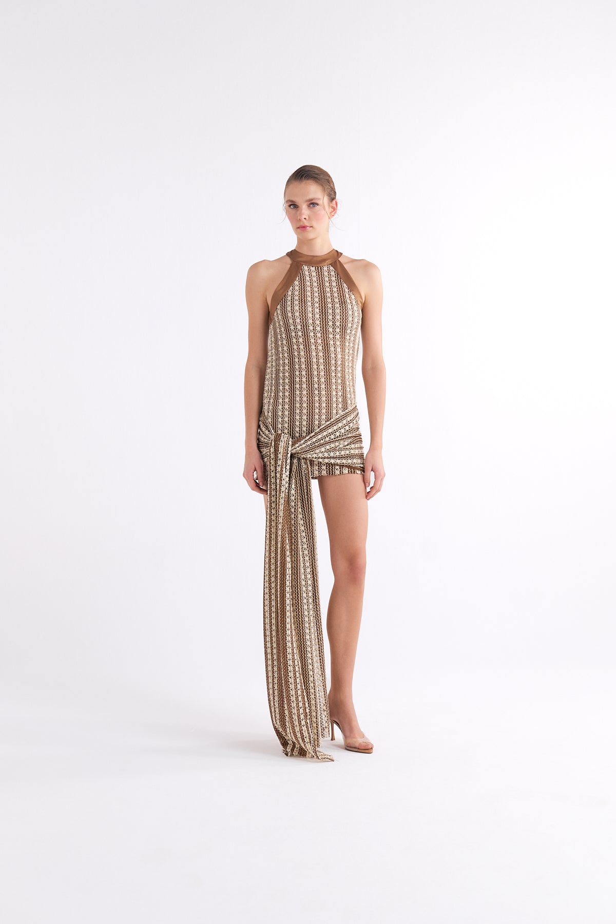 JULIETTE HALTER NECK PRINTED MINI ELBİSE WITH KNOT AND DRAPED DETAIL
