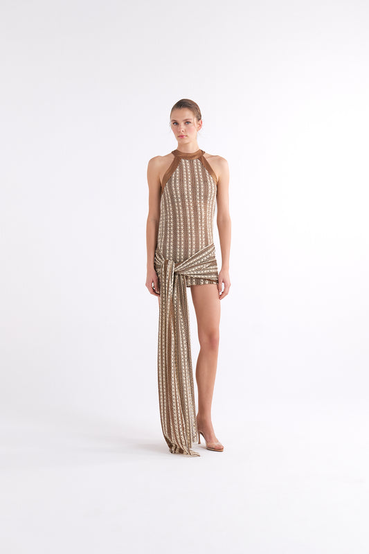 JULIETTE HALTER NECK PRINTED MINI ELBİSE WITH KNOT AND DRAPED DETAIL